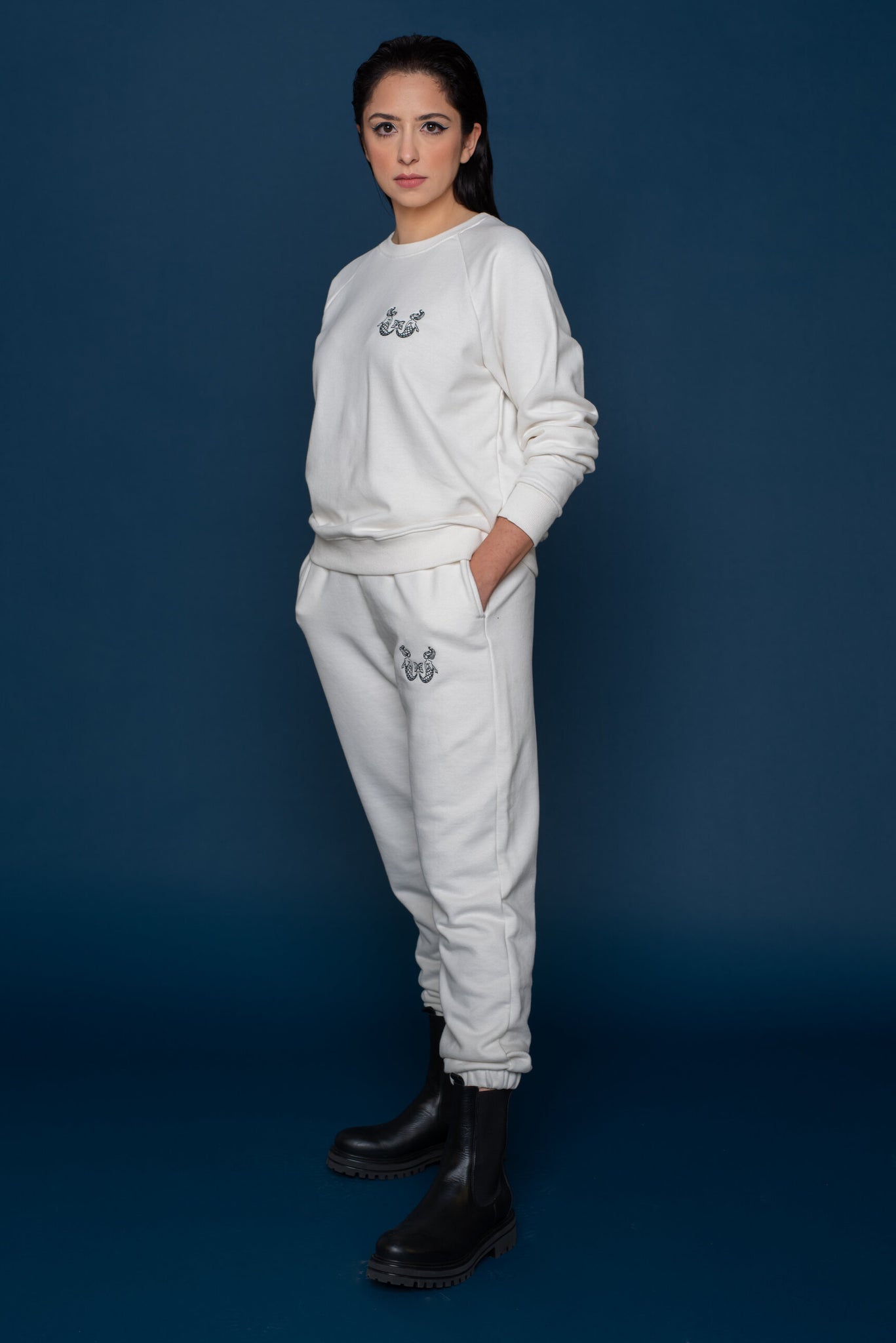 Embroidered Cotton Joggers in Off-white