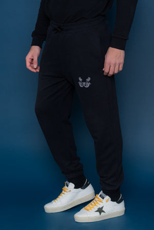 Embroidered Cotton Joggers in Charcoal Black
